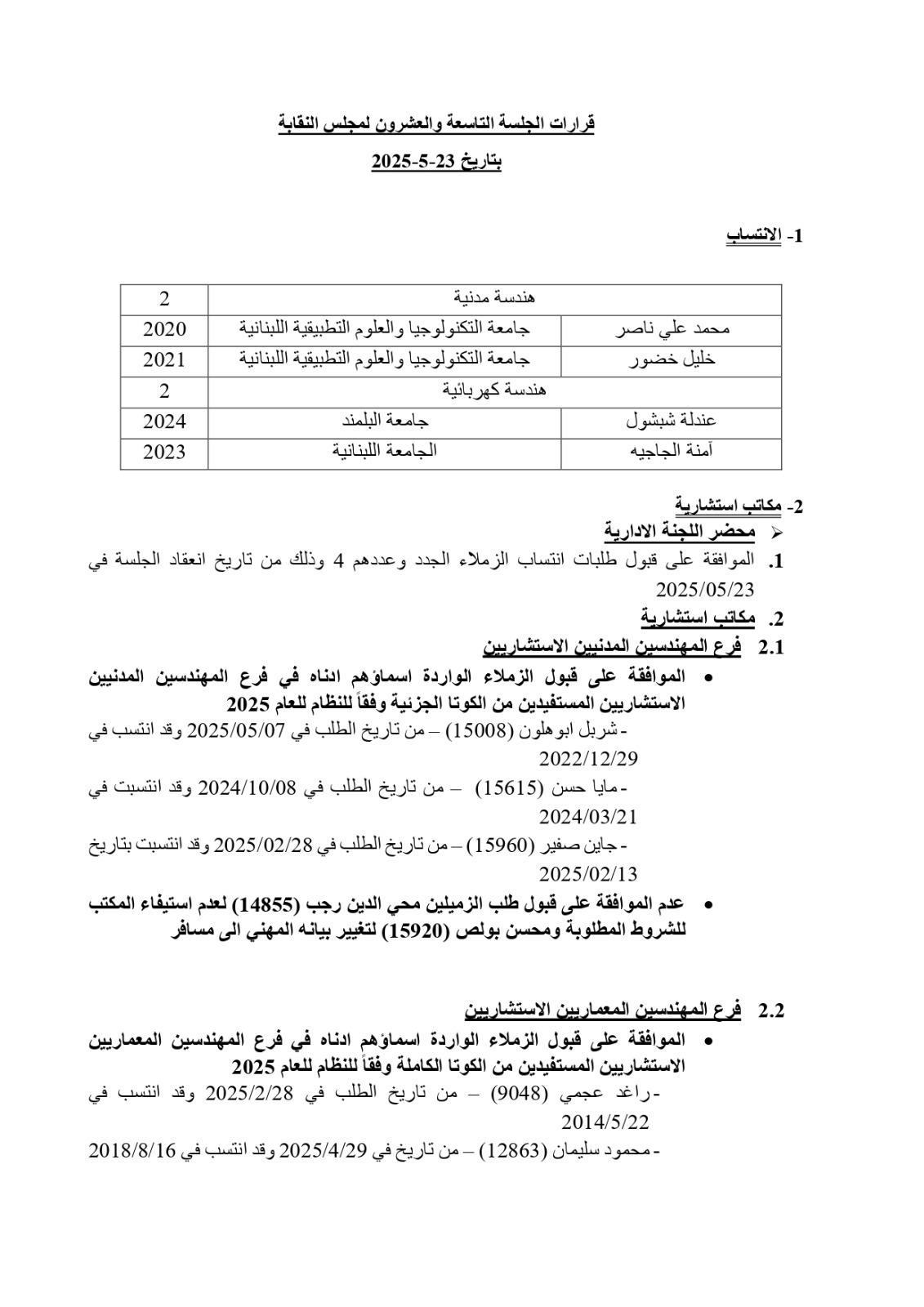 قرارات الجلسة التاسعة والعشرين لمجلس النقابة