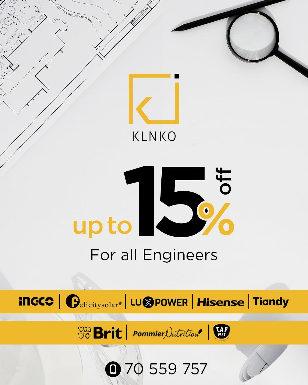 KLNKO:  up to 15% off For all Engineers